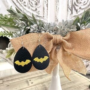 Halloween Earrings Black Faux Leather Earrings Gold Glitter Bats